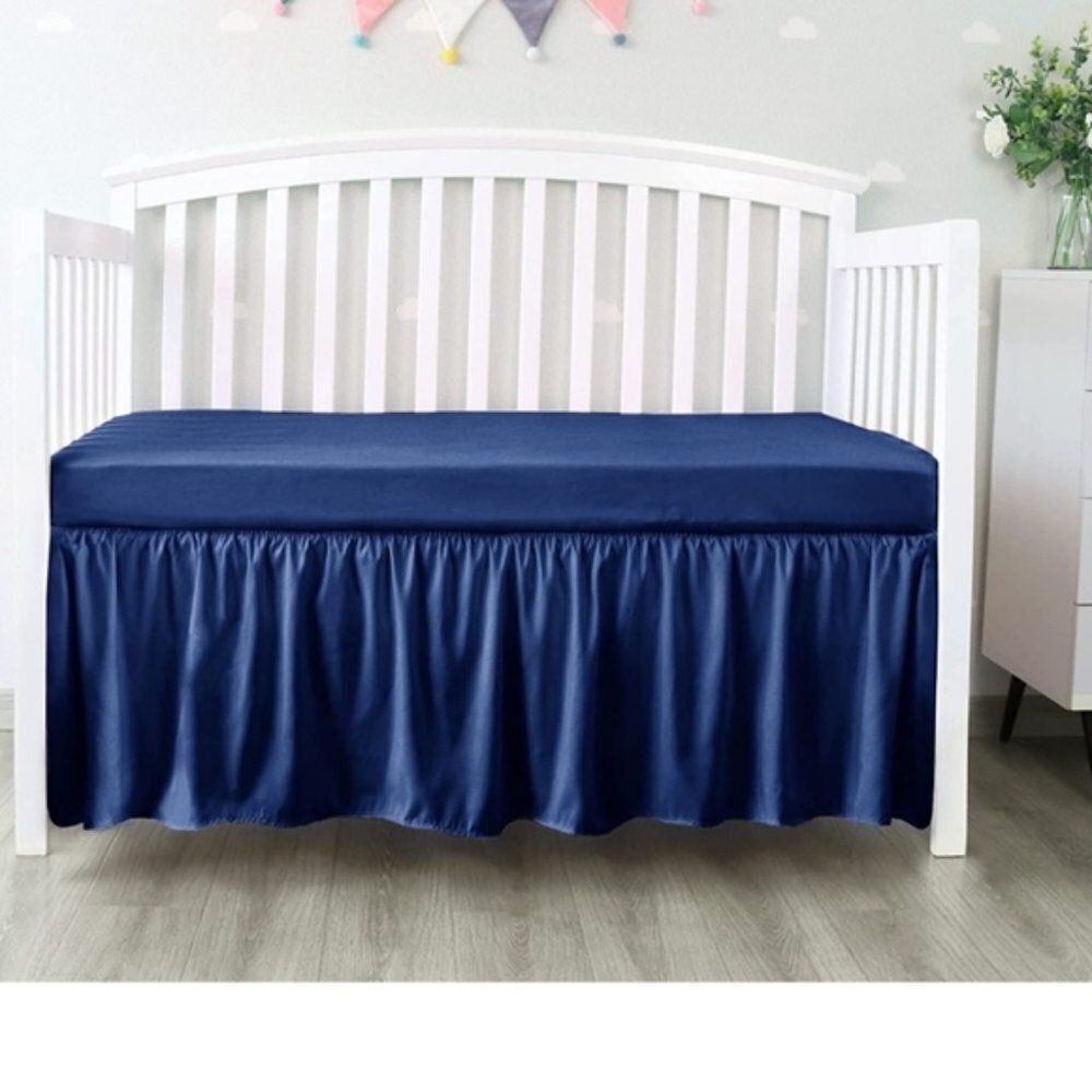 Toddler Crib Bed Skirt Navy 4 Sides Pleated Dust Ruffle Adjustable Fit